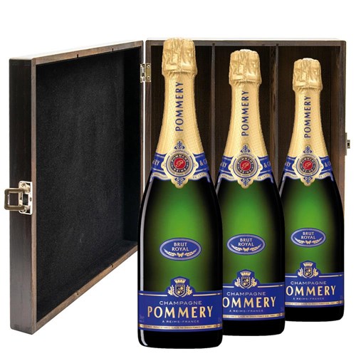 Pommery Brut Royal Champagne 75cl Treble Elm Wood Gift Boxed Champagne (3x75cl)